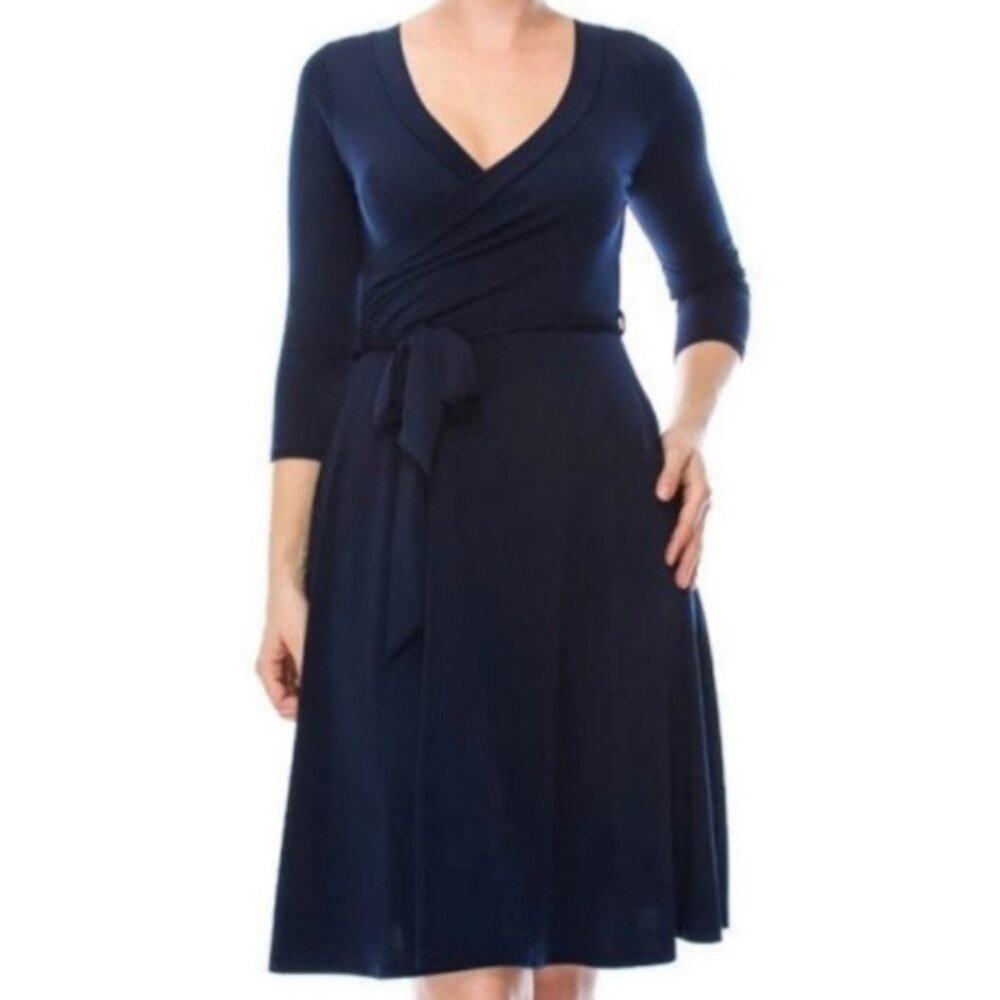 Janette Fashion Navy Solid Faux Wrap Knee Length Dress